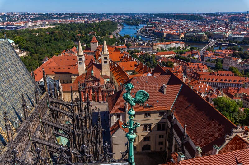 Widok z góry z dachu przedstawiający skomplikowane detale architektoniczne i budynki z czerwonymi dachami fotografia royalty free