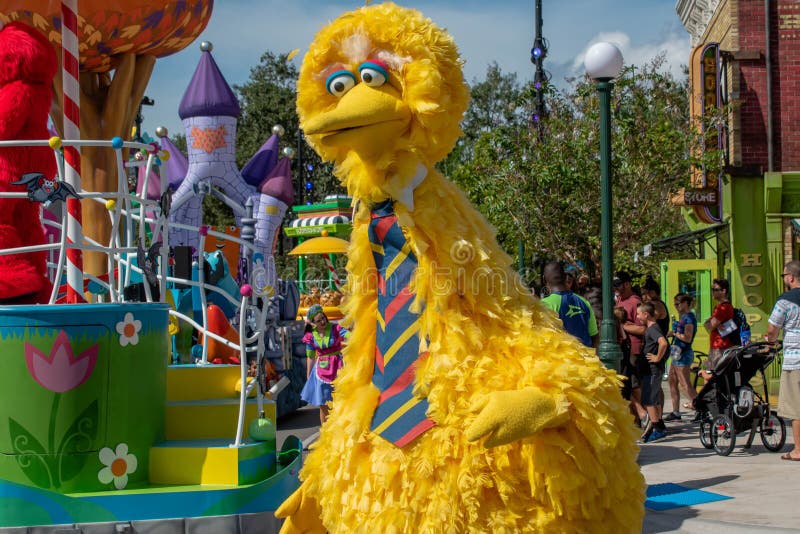 Orlando, Florida. October 29, 2019. Top view of Big Bird in Sesame Street Party Parade at Seaworld 1. Orlando, Florida. October 29, 2019. Top view of Big Bird in Sesame Street Party Parade at Seaworld 1