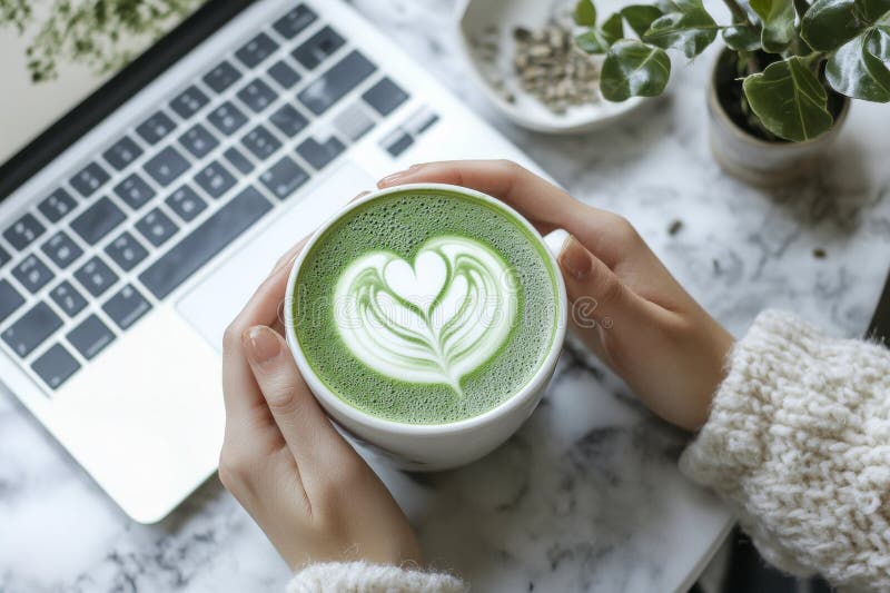 Widok z góry ręce trzymające zieloną matcha latte i laptop na stole w kawiarni royalty ilustracja