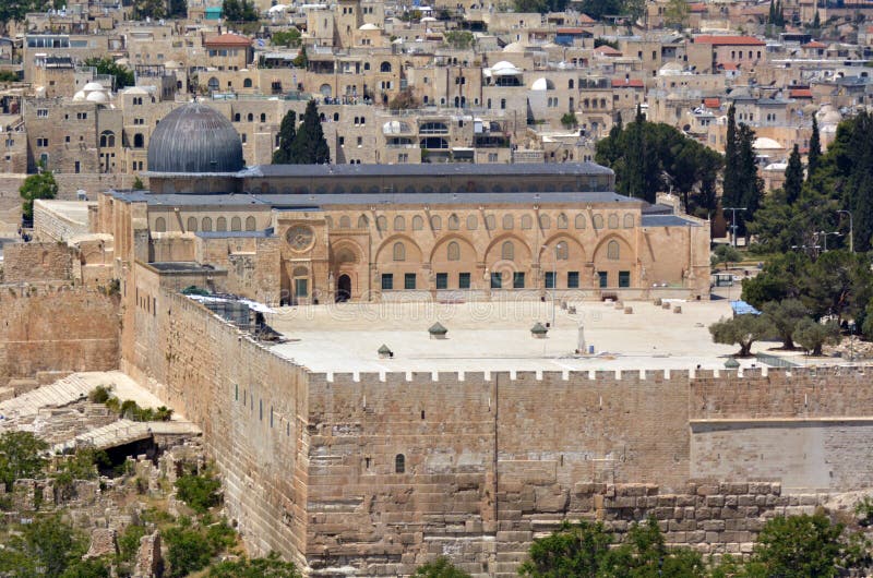 JERUSALEM, ISR - MAY 05 2015:Aerial view of Al Aqsa mosque on temple mount in Jerusalem, Israel. Al Aqsa Mosque is the third holiest site in Islam and attracts Muslims from around the world. JERUSALEM, ISR - MAY 05 2015:Aerial view of Al Aqsa mosque on temple mount in Jerusalem, Israel. Al Aqsa Mosque is the third holiest site in Islam and attracts Muslims from around the world.