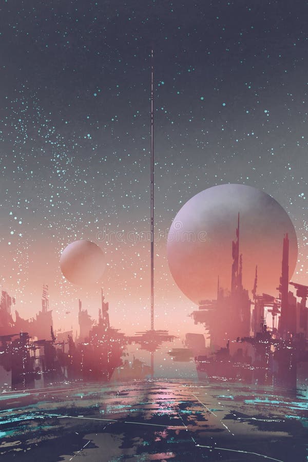 Widok z lotu ptaka fantastyka naukowa miasto z futurystycznymi budynkami na obcej planecie ilustracji