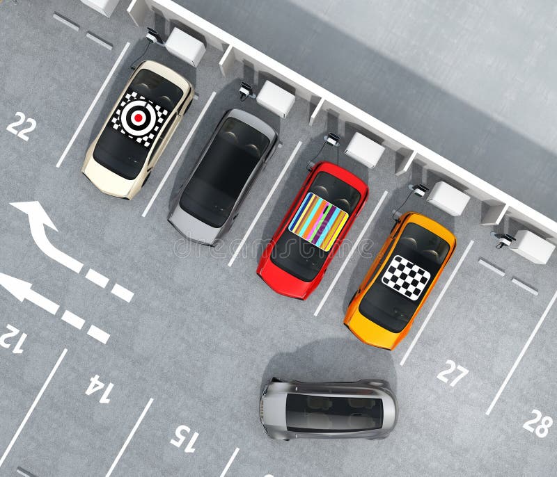 Widok z lotu ptaka kolorowy EV ładuje przy parking royalty ilustracja