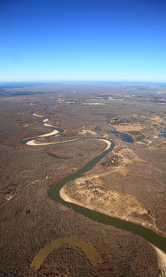 Widok Z Lotu Ptaka meandering rzeka z oxbow lakein Teksas zdjęcia royalty free