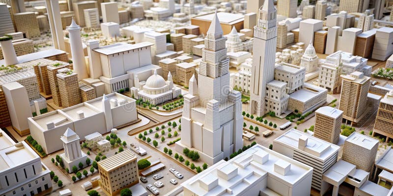 Widok z lotu ptaka na papier Model City z wysokimi wieżami i szczegółowymi budynkami royalty ilustracja