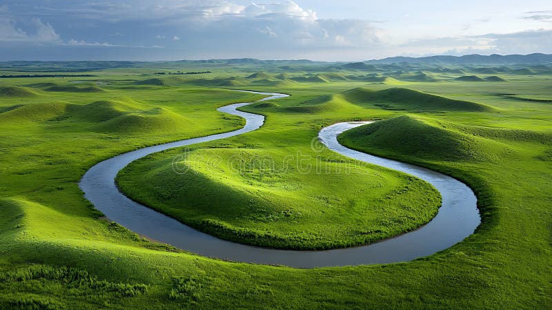 Widok z lotu ptaka na rzekę pośredniczącą Lush Green Landscape Generative AI fotografia royalty free