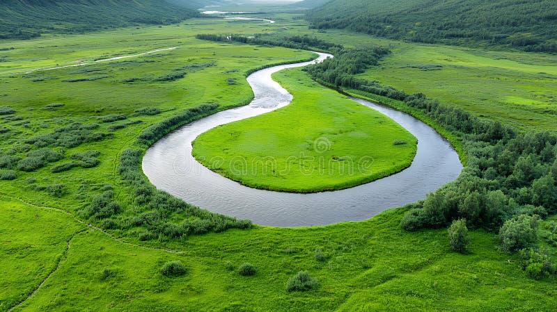 Widok z lotu ptaka na rzekę pośredniczącą Lush Green Landscape Generative AI zdjęcie royalty free