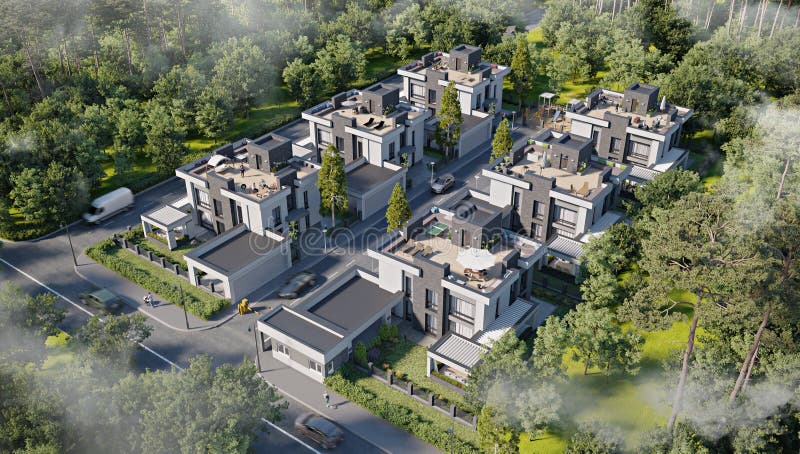Widok z lotu ptaka na wieś miejską / gated Community w mglistym poranku, 3d renderować royalty ilustracja