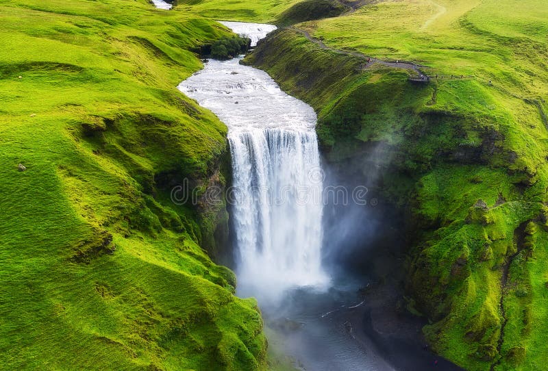 Widok z lotu ptaka na wodospad Skogafoss w Islandii Krajobraz z powietrza Sławne miejsce w Islandii