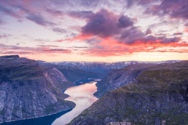 02/09-17, Trolltunga, Norway.  View from the General area of Trolltunga during a sunset. The lake is called Ringrdalsvatnet and is the main reservoir for the hydroelectric power station in Tyssedal. 02/09-17, Trolltunga, Norway.  View from the General area of Trolltunga during a sunset. The lake is called Ringrdalsvatnet and is the main reservoir for the hydroelectric power station in Tyssedal