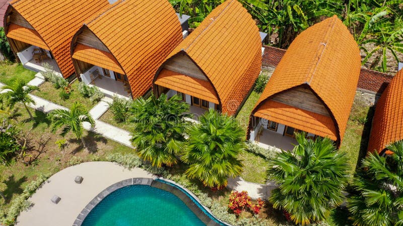 Aerial view of A nice 3 star Bungalow with swimming pool in Nusa Penida Island. Aerial view of A nice 3 star Bungalow with swimming pool in Nusa Penida Island.