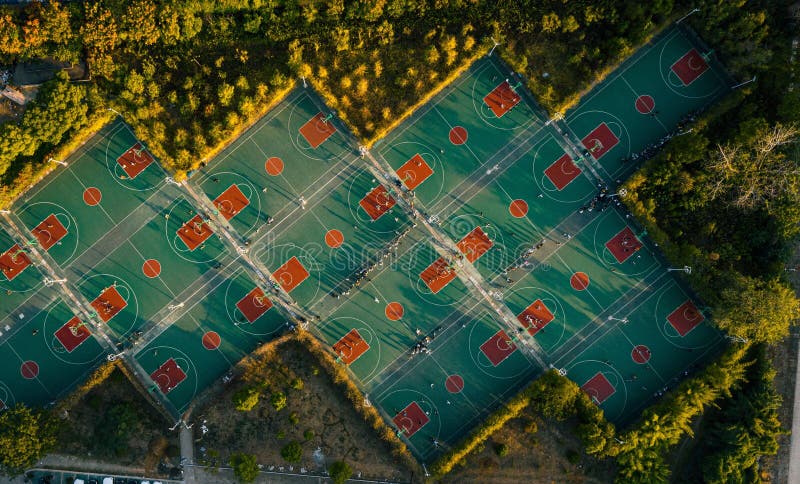 An aerial view of multiple tennis courts situated in the center of a bustling city park, surrounded by lush greenery. An aerial view of multiple tennis courts situated in the center of a bustling city park, surrounded by lush greenery