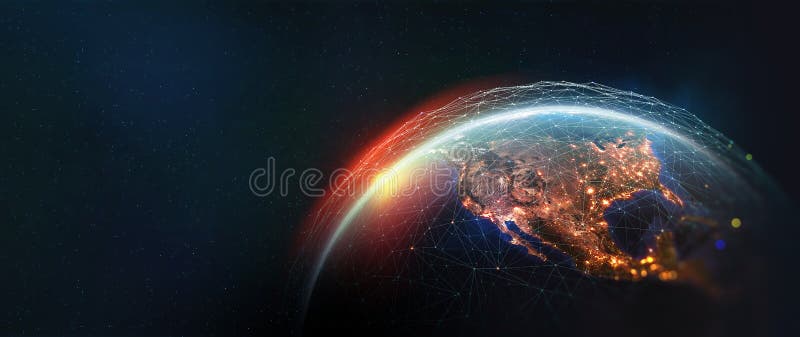 Widok Ziemi z kosmosu. sieć globalna. technologia blokowania łańcucha. planeta i komunikacja ilustracja wektor