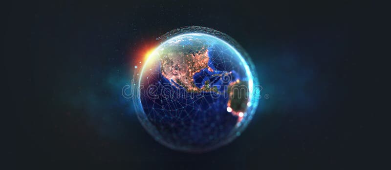 Widok Ziemi z kosmosu. sieć globalna. technologia blokowania łańcucha. planeta i komunikacja ilustracja wektor