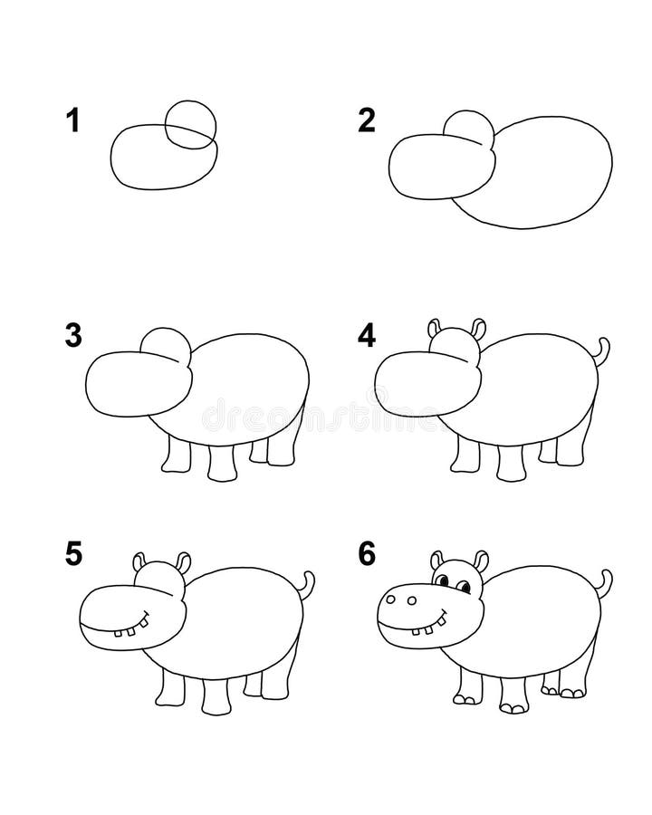 Wie man mit Flusspferd Karikaturillustration mit 6 Schritte mit weißem Hintergrund zieht
