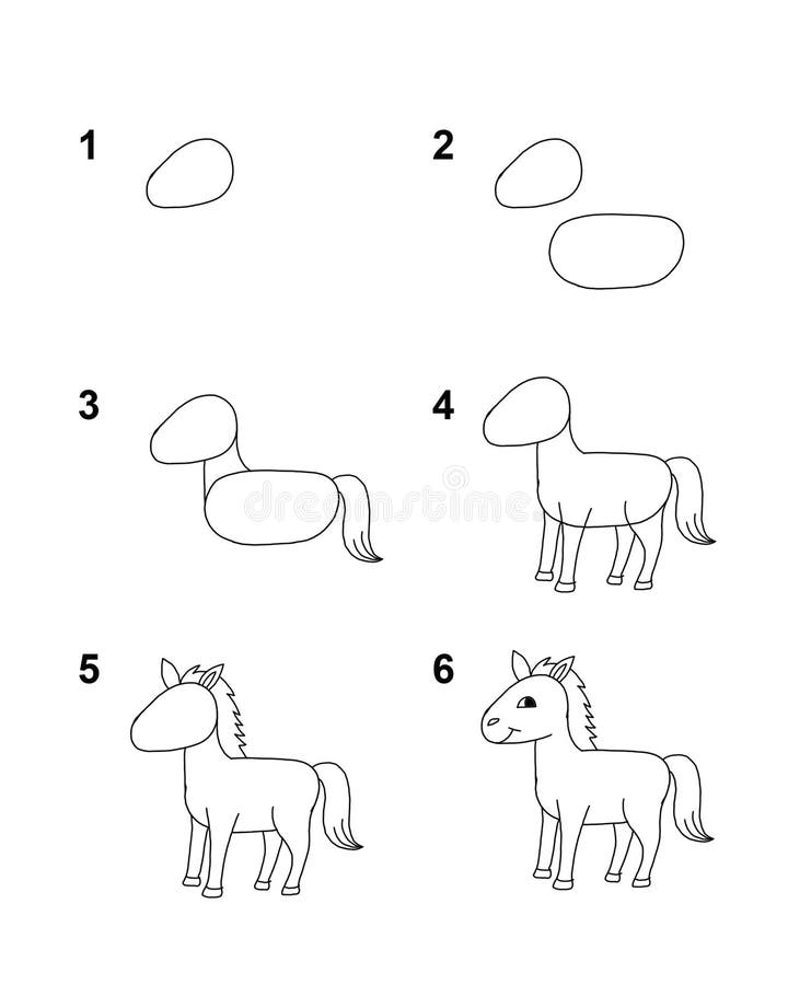 Wie Pferd mit Karikaturillustration mit 6 Schritte mit weißem Hintergrund zieht