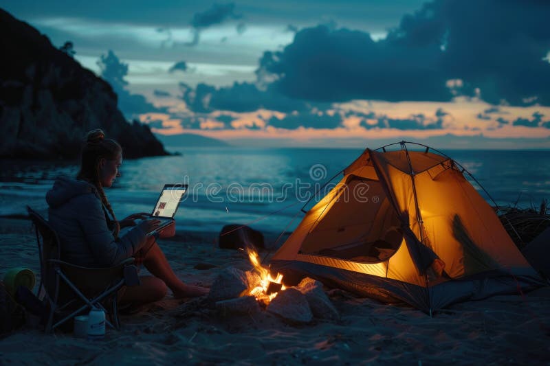Wieczorny namiot camping na brzegu morza. kobieta podróżująca korzysta z komputera przenośnego siedzącego przy ognisku. kobieta w ilustracji