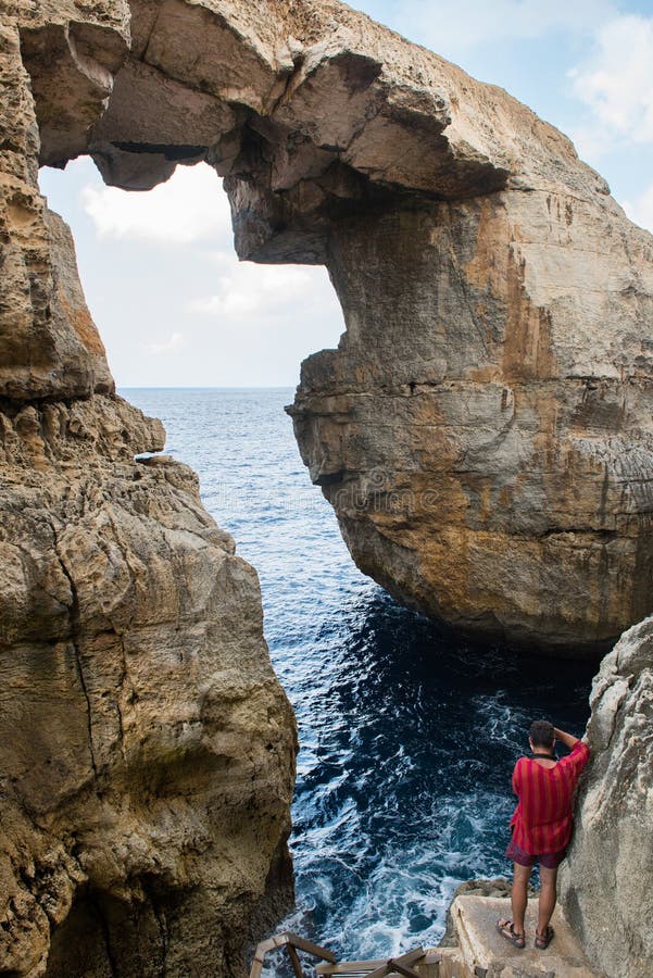 Wied Il Mielah Canyon, Natural Arch Over the Sea. Gozo, Malta Stock ...