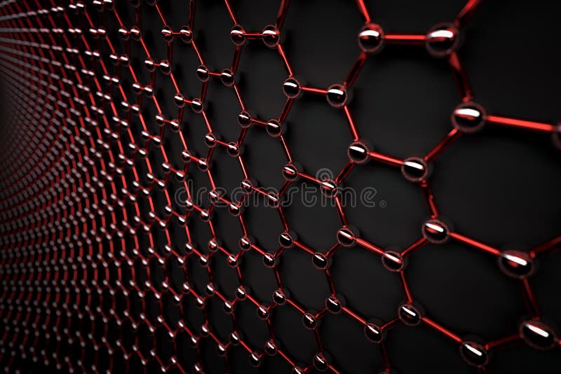 Wiedergabe 3D der Graphenoberfläche, der glatten roten Bindungen und der grauen Kohlenstoffatome lizenzfreie abbildung Wiedergabe 3D der Graphenoberfläche, der glatten roten Bindungen und der grauen Kohlenstoffatome lizenzfreie abbildung
