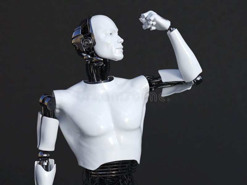 Wiedergabe 3D des männlichen Roboters seinen Bizepsmuskel biegend vektor abbildung Wiedergabe 3D des männlichen Roboters seinen Bizepsmuskel biegend vektor abbildung