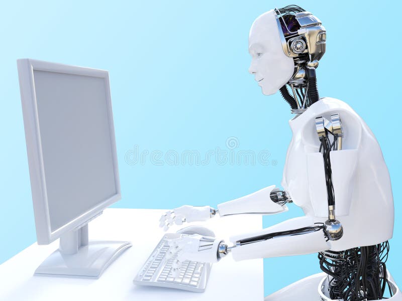 Wiedergabe 3D des männlichen Roboters sitzend am Computer stock abbildung