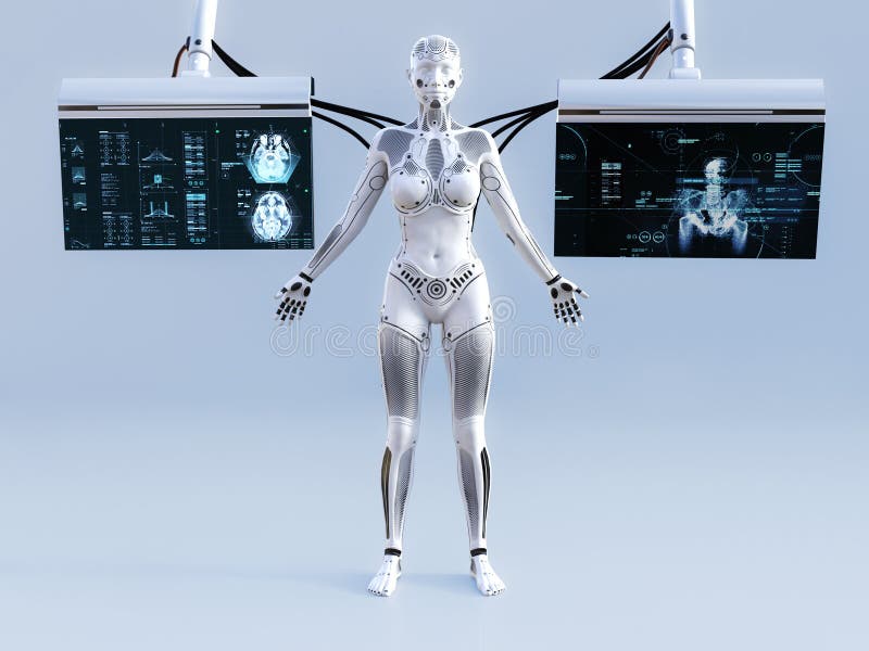 Wiedergabe 3D des weiblichen Roboters angeschlossen an Schirme stock abbildung Wiedergabe 3D des weiblichen Roboters angeschlossen an Schirme stock abbildung