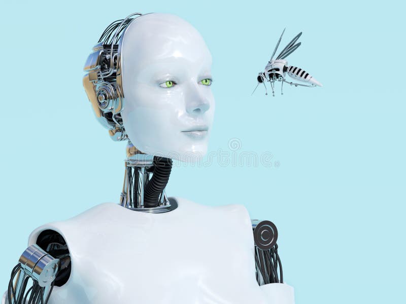 Wiedergabe 3D des weiblichen Roboters Robotermoskito betrachtend lizenzfreie abbildung Wiedergabe 3D des weiblichen Roboters Robotermoskito betrachtend lizenzfreie abbildung