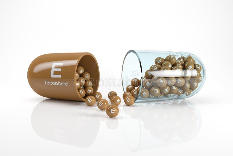 Wiedergabe 3d einer Vitaminkapsel mit Vitamin E - Tocopherol auf weißem reflektierendem Boden - Diätetische Ergänzungen
