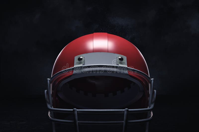 Wiedergabe 3d eines roten amerikanischen Football-Helms mit seinem vorderen Schutz auf einem dunklen Hintergrund lizenzfreies stockfoto Wiedergabe 3d eines roten amerikanischen Football-Helms mit seinem vorderen Schutz auf einem dunklen Hintergrund lizenzfreies stockfoto