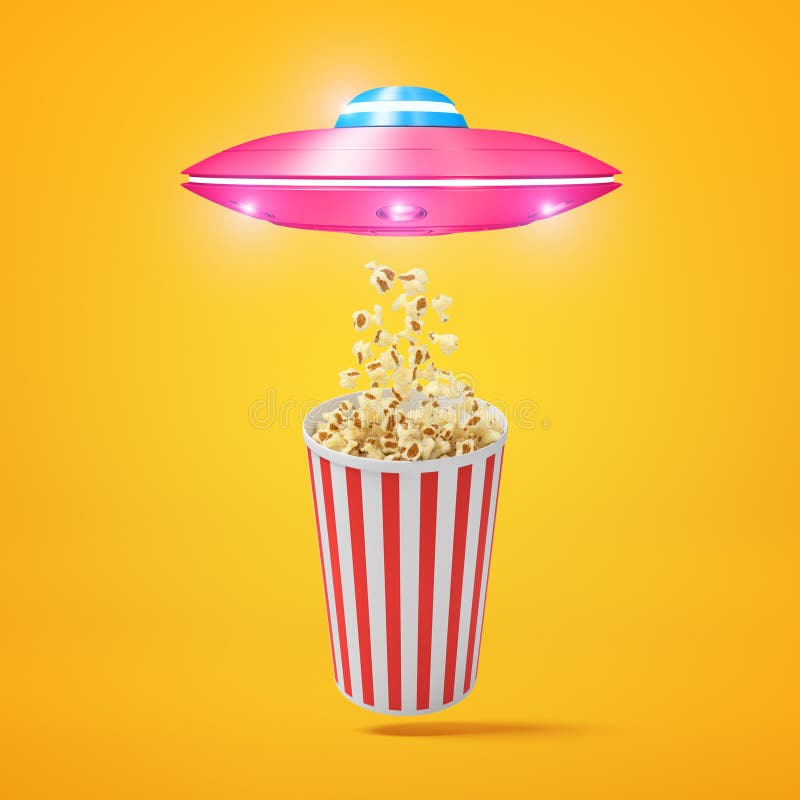 Wiedergabe 3d kleinen rosa UFO-Fliegens über gestreiftem Popcorneimer und des Zeichnens etwas Popcorns in Richtung zu seiner Luke lizenzfreie abbildung Wiedergabe 3d kleinen rosa UFO-Fliegens über gestreiftem Popcorneimer und des Zeichnens etwas Popcorns in Richtung zu seiner Luke lizenzfreie abbildung