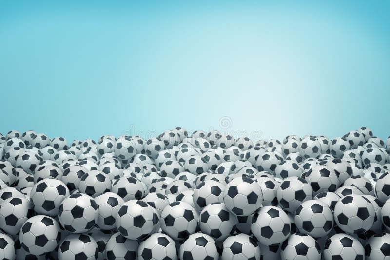 Wiedergabe 3d vieler identischen Schwarzweiss-Fußballbälle, die in einem enormen Haufen auf einem blauen Hintergrund liegen stock abbildung