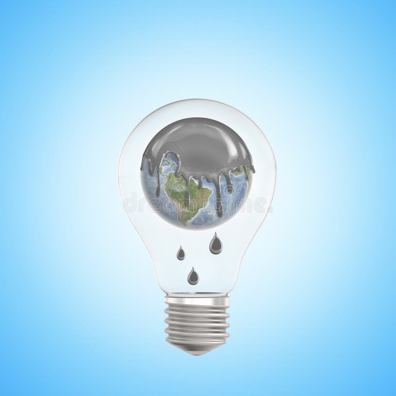 Wiedergabe der Nahaufnahme 3d der Glühlampe mit Erdkugel nach innen, seine Spitze unten umfasst im starken grauen flüssigen Brate lizenzfreie abbildung Wiedergabe der Nahaufnahme 3d der Glühlampe mit Erdkugel nach innen, seine Spitze unten umfasst im starken grauen flüssigen Brate lizenzfreie abbildung