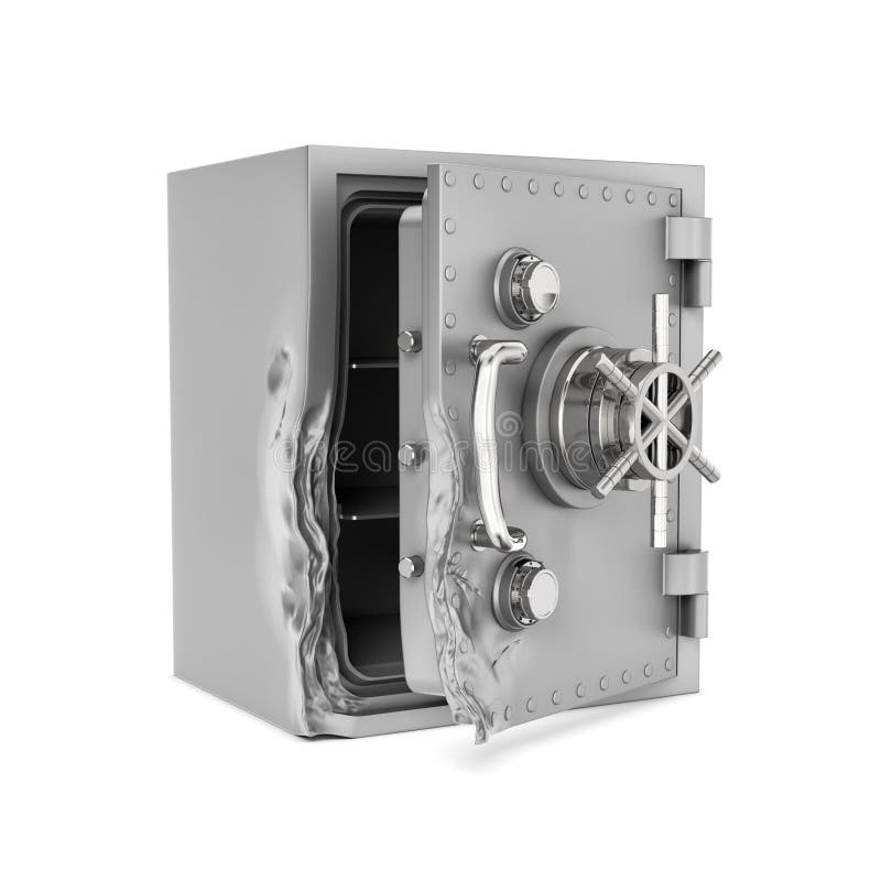 3D rendering of an open safe with its door broken open isolated on the white background. Theft and property crime. Safes and vaults. Storing up savings. 3D rendering of an open safe with its door broken open isolated on the white background. Theft and property crime. Safes and vaults. Storing up savings.