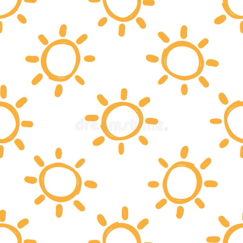 Repeated suns drawn by hand. Seamless pattern for children. Sketch, doodle. Vector illustration. Orange round elements with rays on a white background. Repeated suns drawn by hand. Seamless pattern for children. Sketch, doodle. Vector illustration. Orange round elements with rays on a white background.