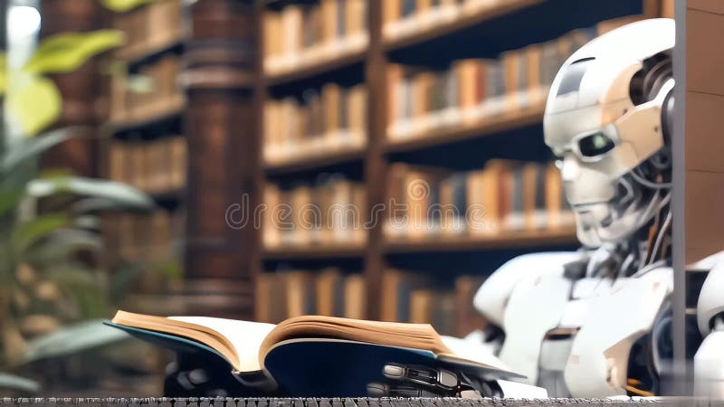 Wiedza na temat przyszłego rozwoju technologicznego tło ludzkie roboty w bibliotece