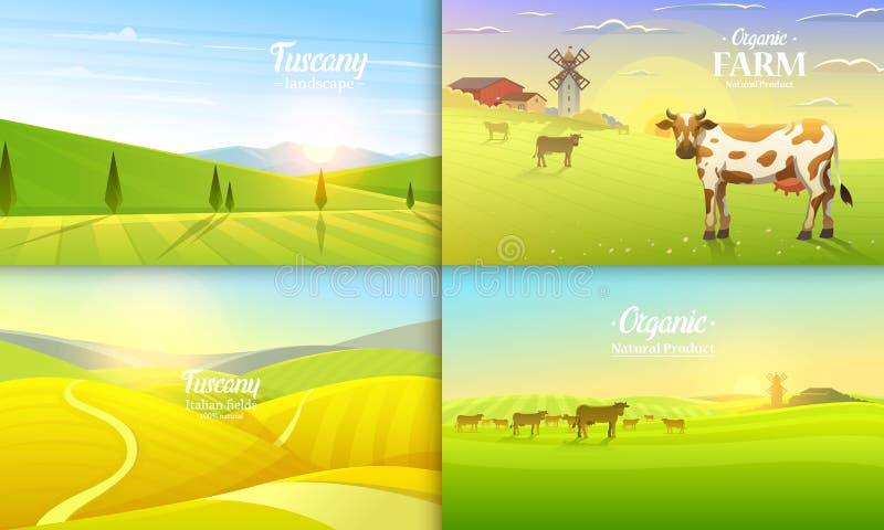 Wiejski krajobraz i krowy Rolny rolnictwo również zwrócić corel ilustracji wektora Plakat z łąką, wieś, retro wioska dla informac