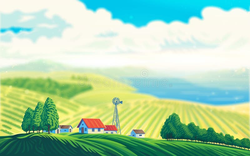 Wiejski krajobraz z pięknym widokiem jezioro lub morze ilustracja wektor Wiejski krajobraz z pięknym widokiem jezioro lub morze ilustracja wektor