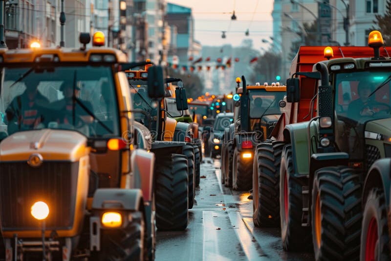 Wiele ciągników blokuje ulice miast. ai generatywne