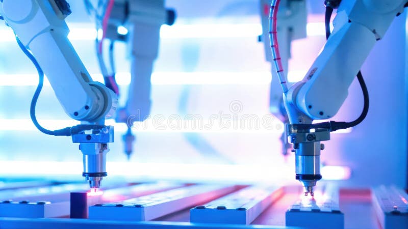 Wiele robotycznych ramion koordynuje montowanie małych elementów złożonych urządzeń z żywymi światłami neonowymi fotografia stock