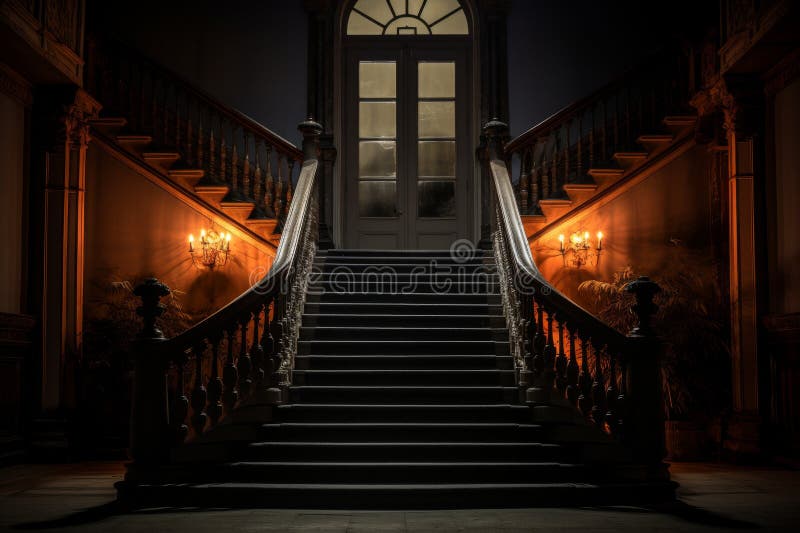 Grand Staircase Illuminated By Warm Light In A Luxurious Mansion. Generative AI. AI generated. Grand Staircase Illuminated By Warm Light In A Luxurious Mansion. Generative AI. AI generated