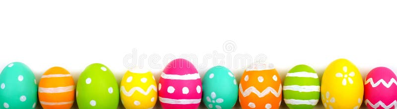 Colorful long Easter egg border against a white background. Colorful long Easter egg border against a white background