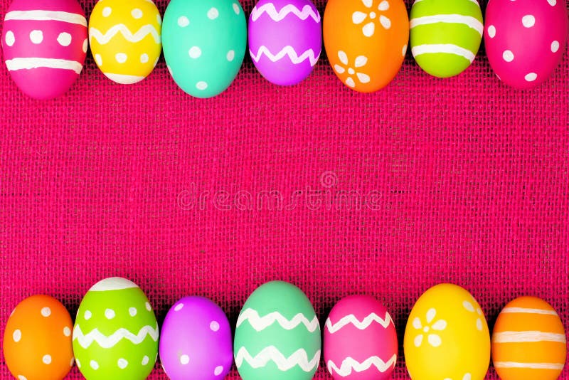 Colorful Easter egg double border over a pink burlap background. Colorful Easter egg double border over a pink burlap background