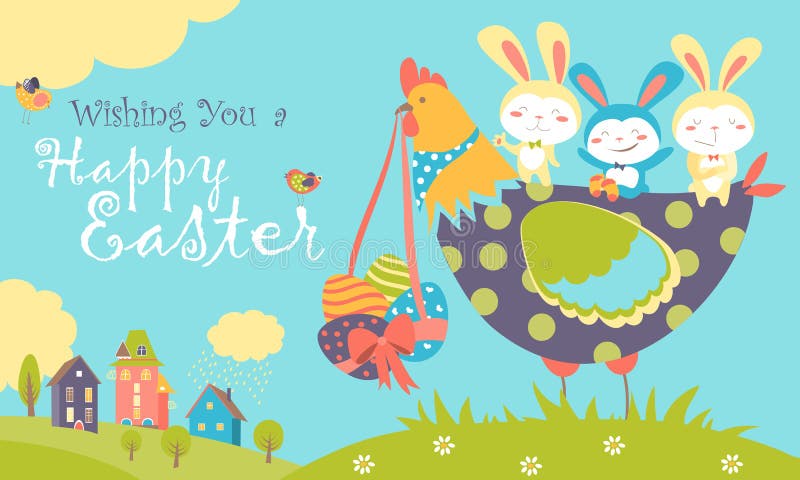 Wielkanocni króliki, kurczak i Easter jajka, ilustracja wektor Wielkanocni króliki, kurczak i Easter jajka, ilustracja wektor