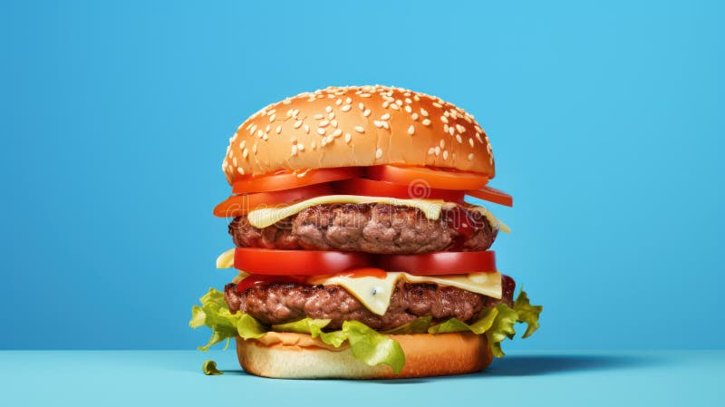 Wielki smaczny hamburger z pomidorami cutlet i sałatą na niebieskim tle ilustracja wektor