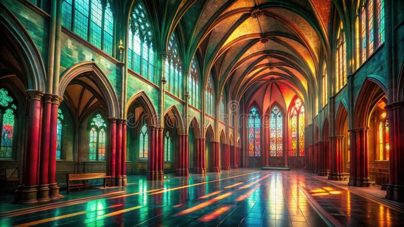 Wielkie halle architektoniczne wspaniałe światło słoneczne oświetla okna ze szkła plamowego i polerowane podłogi. Generacyjna AI ilustracji