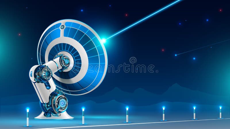 Wielkiej anteny satelitarnej wyemitowany radiowy sygnał w nocne niebo w górach Technologia globalna telewizja satelitarna a ilustracja wektor Wielkiej anteny satelitarnej wyemitowany radiowy sygnał w nocne niebo w górach Technologia globalna telewizja satelitarna a ilustracja wektor