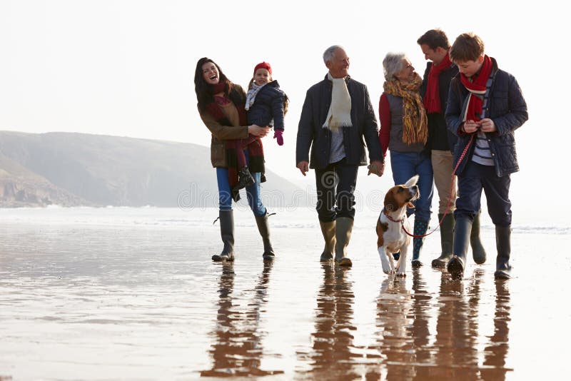 Wielo- pokolenia Rodzinny odprowadzenie Na zimy plaży Z psem