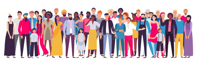 Multiethnic group of people. Society, multicultural community portrait and citizens. Young, adult and elder people. Aging african and asian ladies or european students vector illustration. Multiethnic group of people. Society, multicultural community portrait and citizens. Young, adult and elder people. Aging african and asian ladies or european students vector illustration