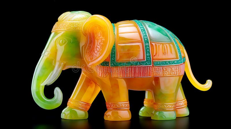 Wielorakie figurki jade znajdują się w skomplikowanych rzeźbach mieszających zielone, żółte i pomarańczowe barwy ilustracji