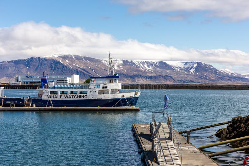 Reykjavik, Iceland, 14.05.22. Whale Watching tourist boat docked in Reykjavik Harbor with snowcapped Mount Esjan mountain range in the background. Reykjavik, Iceland, 14.05.22. Whale Watching tourist boat docked in Reykjavik Harbor with snowcapped Mount Esjan mountain range in the background