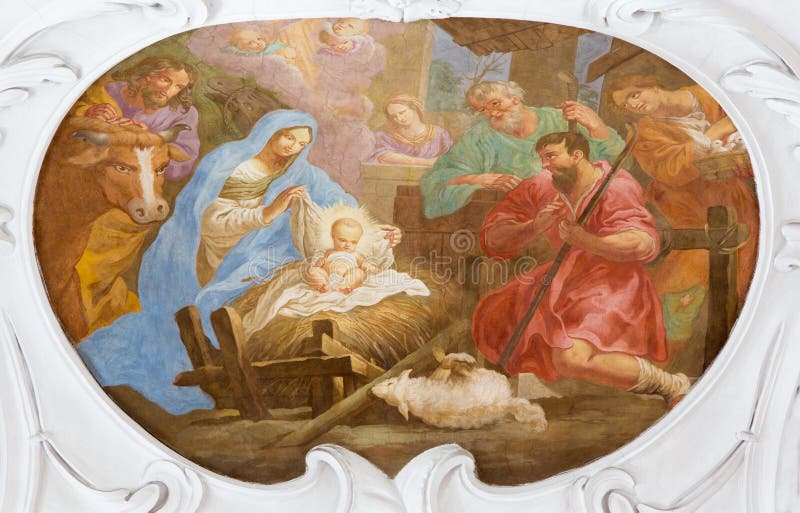 WIEN ÖSTERRIKE - JULI 30, 2014: Freskomålningen av Kristi födelse i kyrkliga Pfarkirche Maria Hietzing av Antoni Galliardi från 1 royaltyfri bild WIEN ÖSTERRIKE - JULI 30, 2014: Freskomålningen av Kristi födelse i kyrkliga Pfarkirche Maria Hietzing av Antoni Galliardi från 1 royaltyfri bild